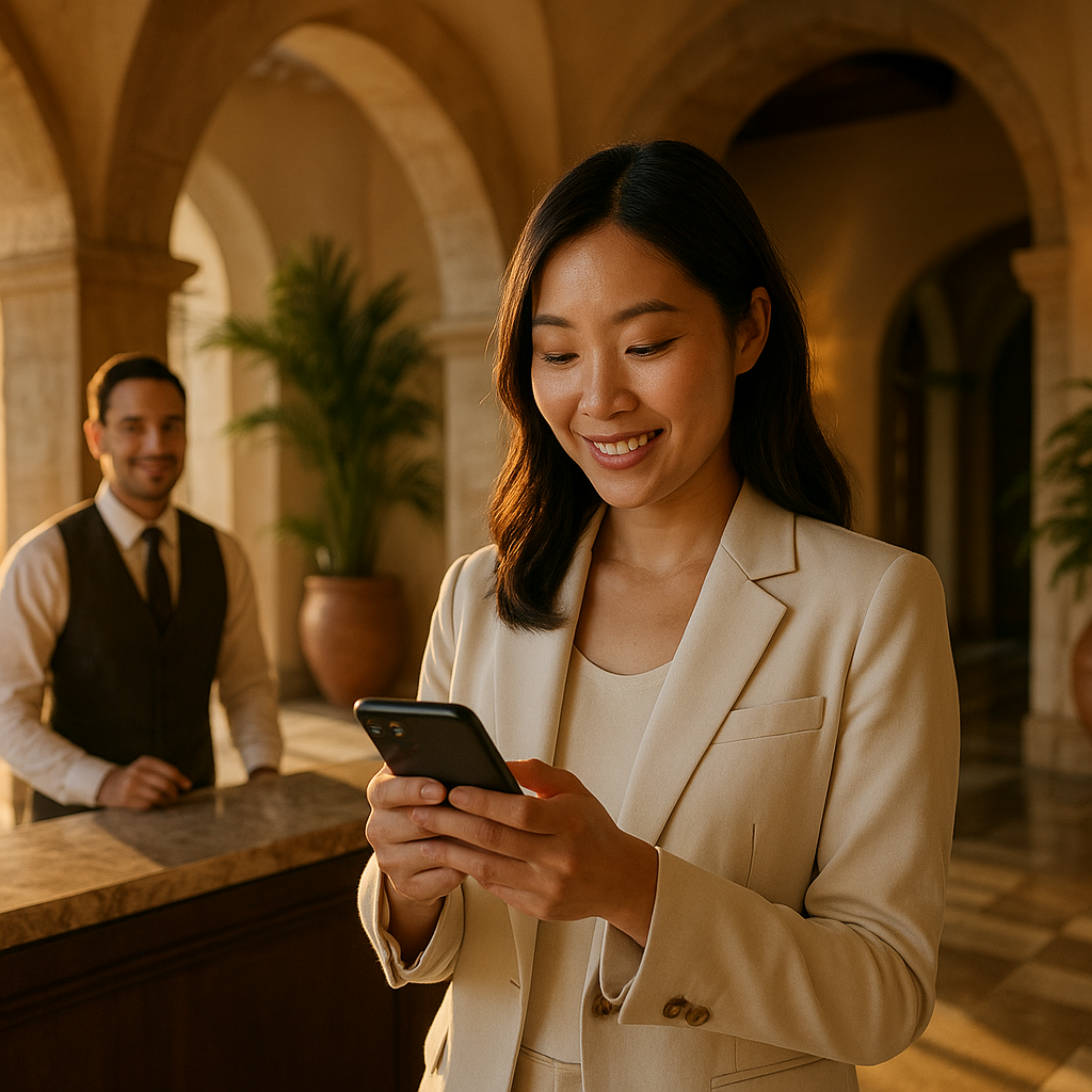 East Asian female traveler smiling at her phone in Mediterranean hotel lobby with attentive receptionist