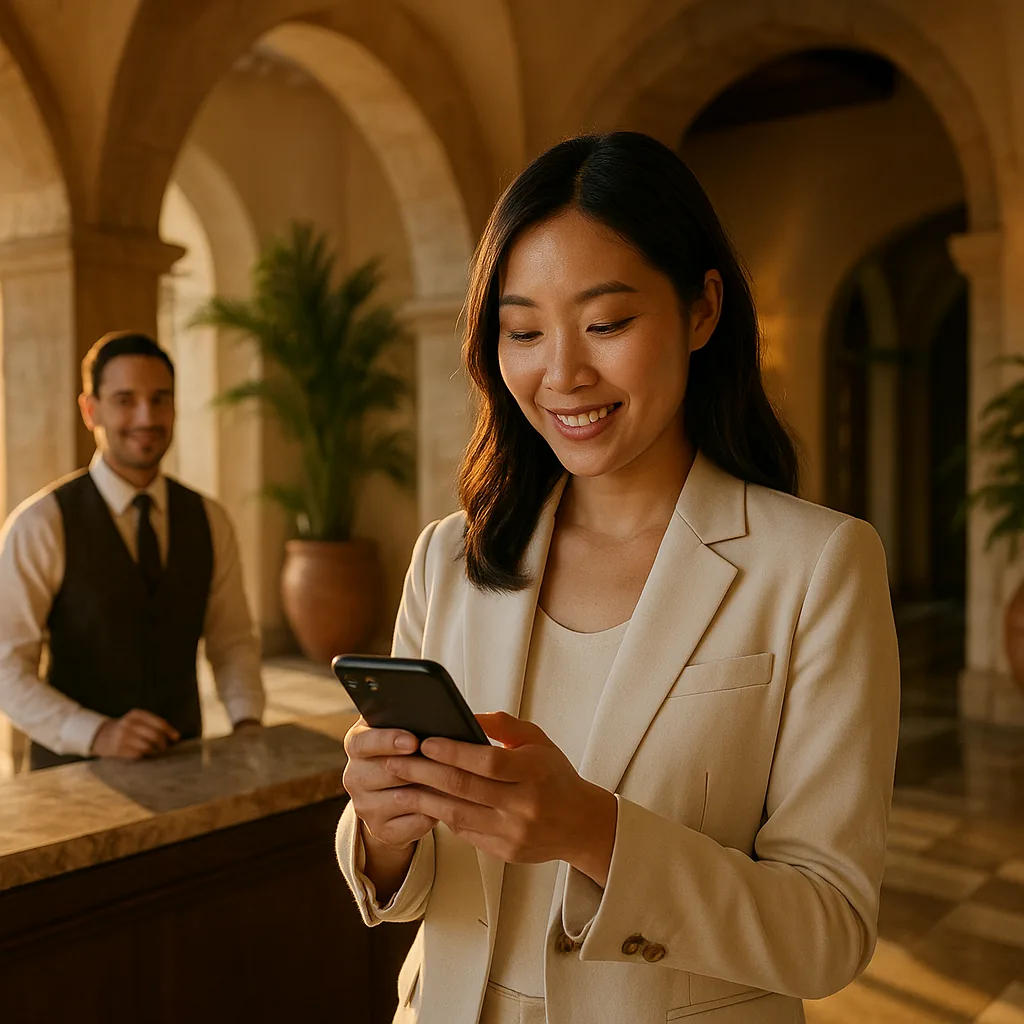 East Asian female traveler smiling at her phone in Mediterranean hotel lobby with attentive receptionist