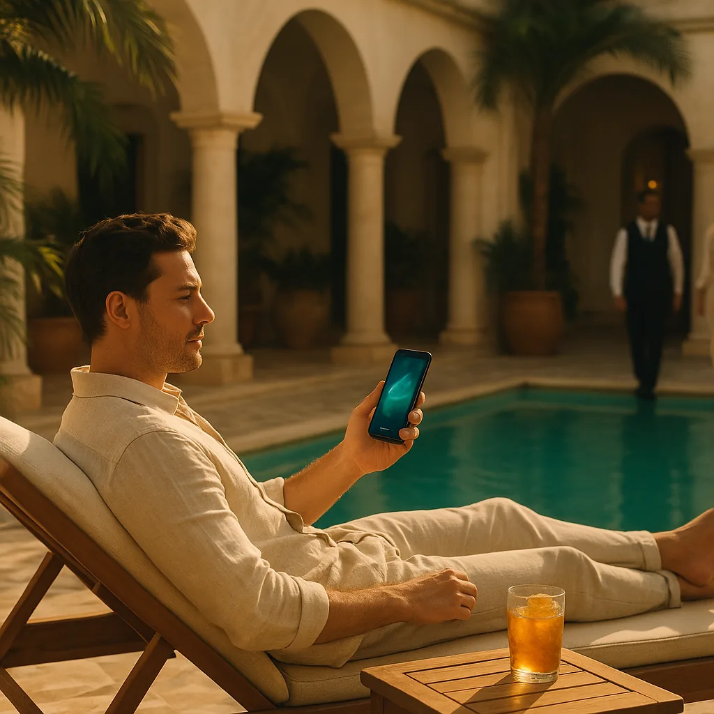 Hotel guest reclining on poolside lounger using phone with hotel features, palms and warm afternoon light