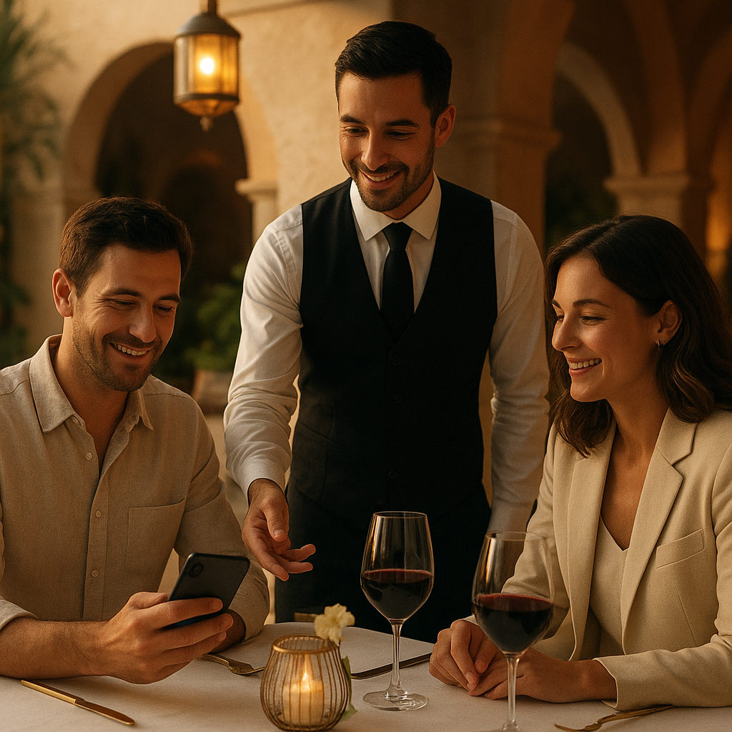 Couple at candle-lit hotel restaurant table scanning a small QR menu card with phone at dusk