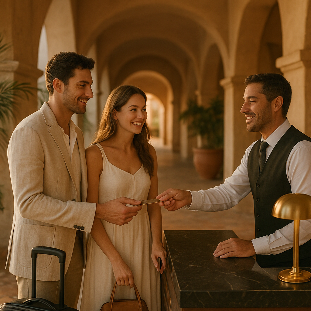 Young family arriving at boutique hotel reception, parent showing phone with check-in confirmation