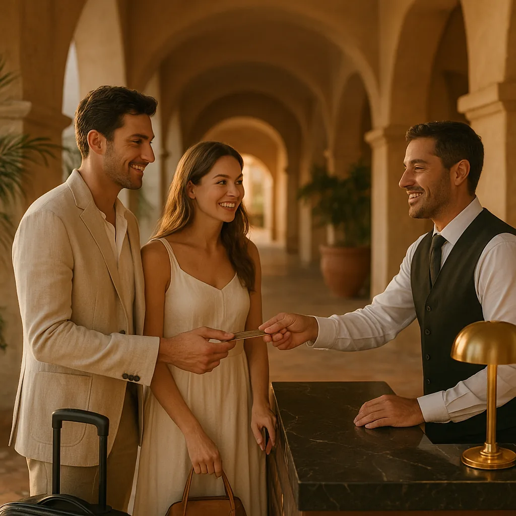 Young family arriving at boutique hotel reception, parent showing phone with check-in confirmation