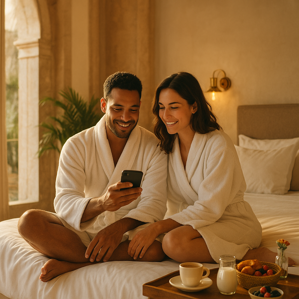 Couple in white robes browsing digital room-service menu while waiter sets breakfast tray in boutique hotel suite