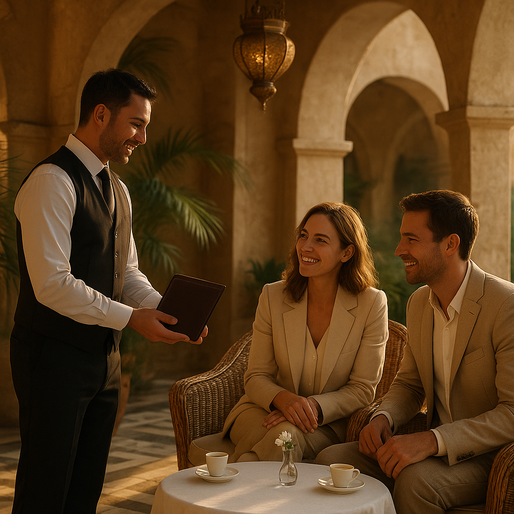 Guest tapping credit card at concierge desk for upgrade, smiling concierge in premium hotel lobby