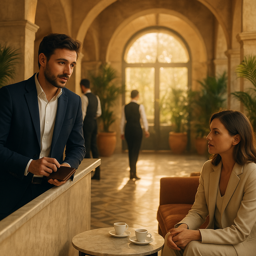 Hotel manager attentively listening to a guest in a warm boutique hotel café corner