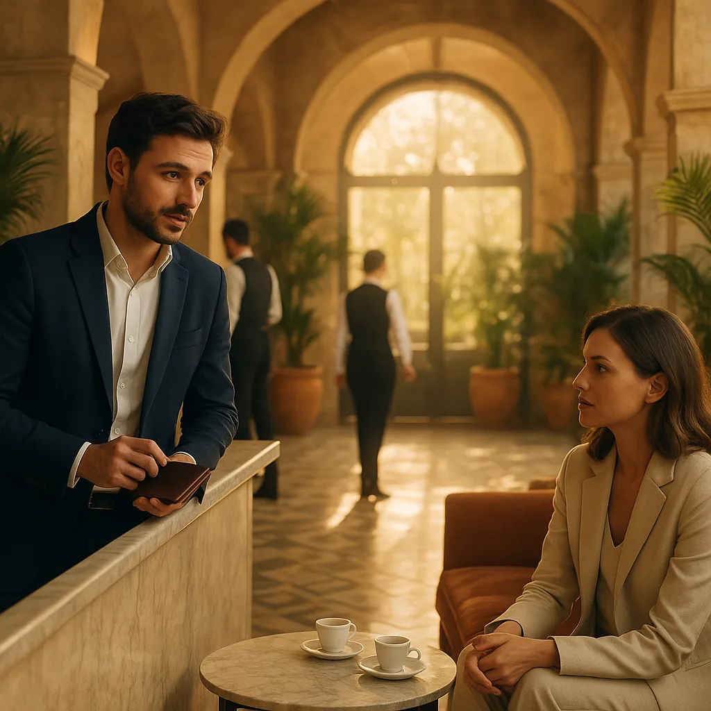 Hotel manager attentively listening to a guest in a warm boutique hotel café corner
