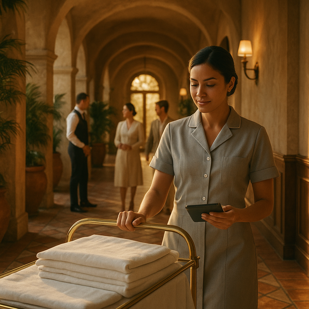 Housekeeper in grey uniform checking room status on tablet beside linen cart in sunlit hotel corridor