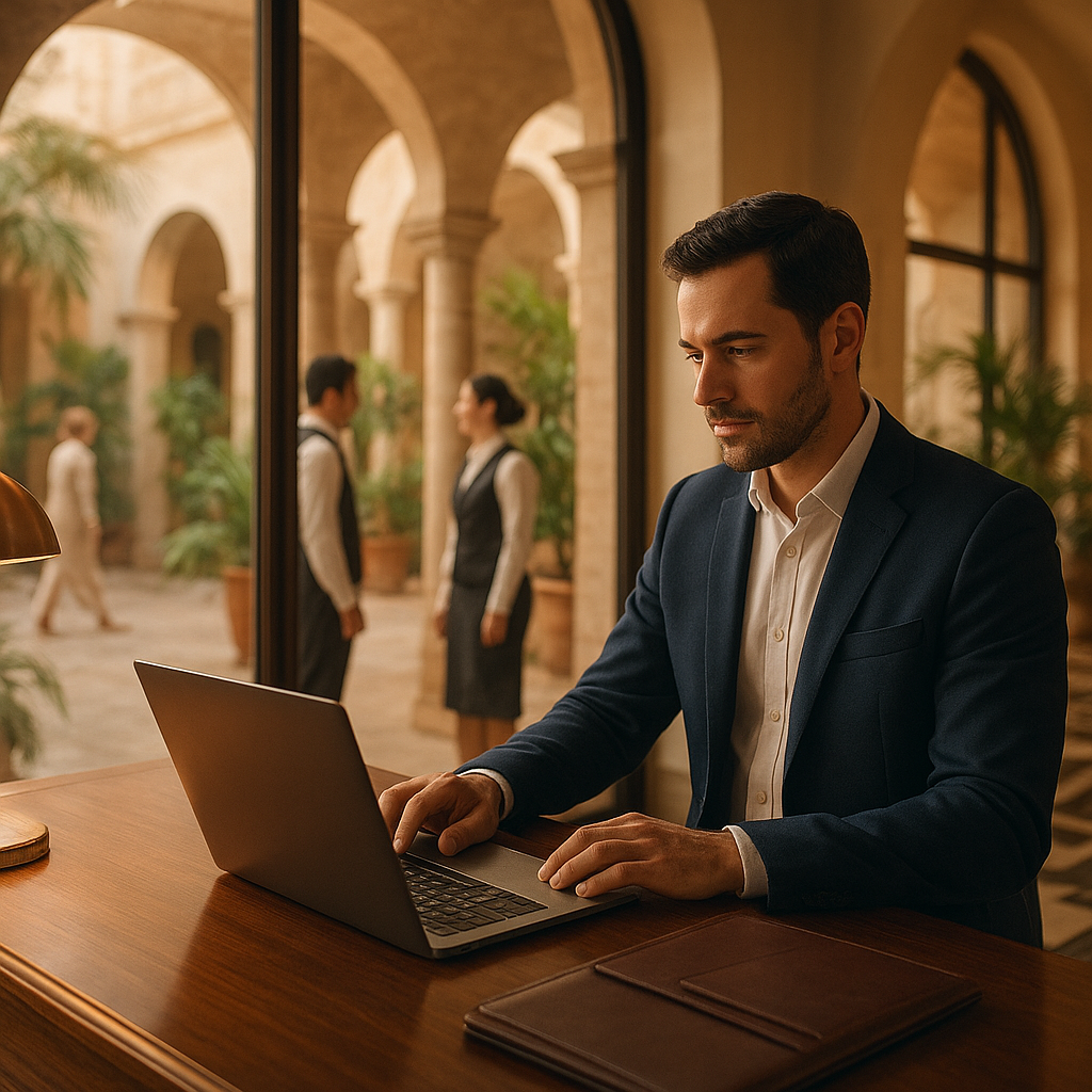 Revenue manager studying pricing dashboard on laptop in glass-walled hotel office at dusk