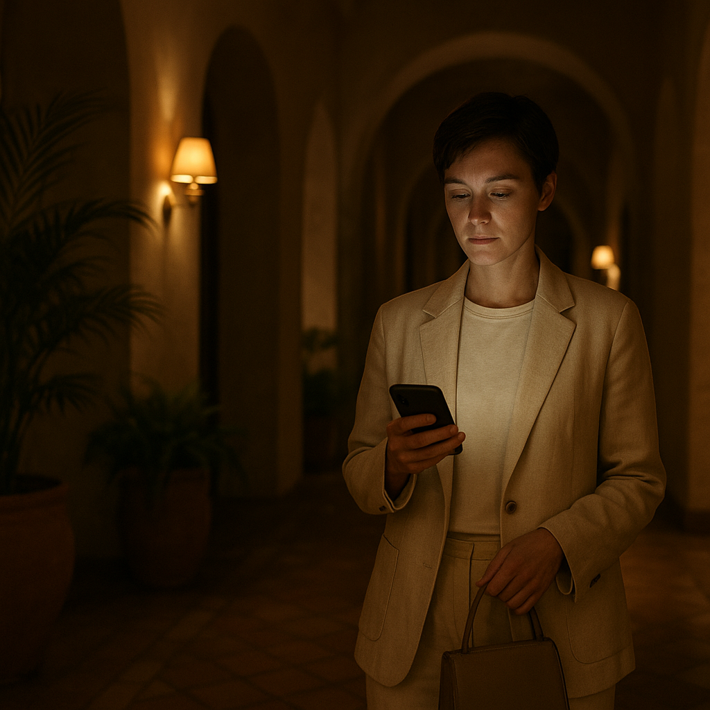 Solo guest in quiet warm-lit boutique hotel hallway at night, lit by phone screen and brass sconces