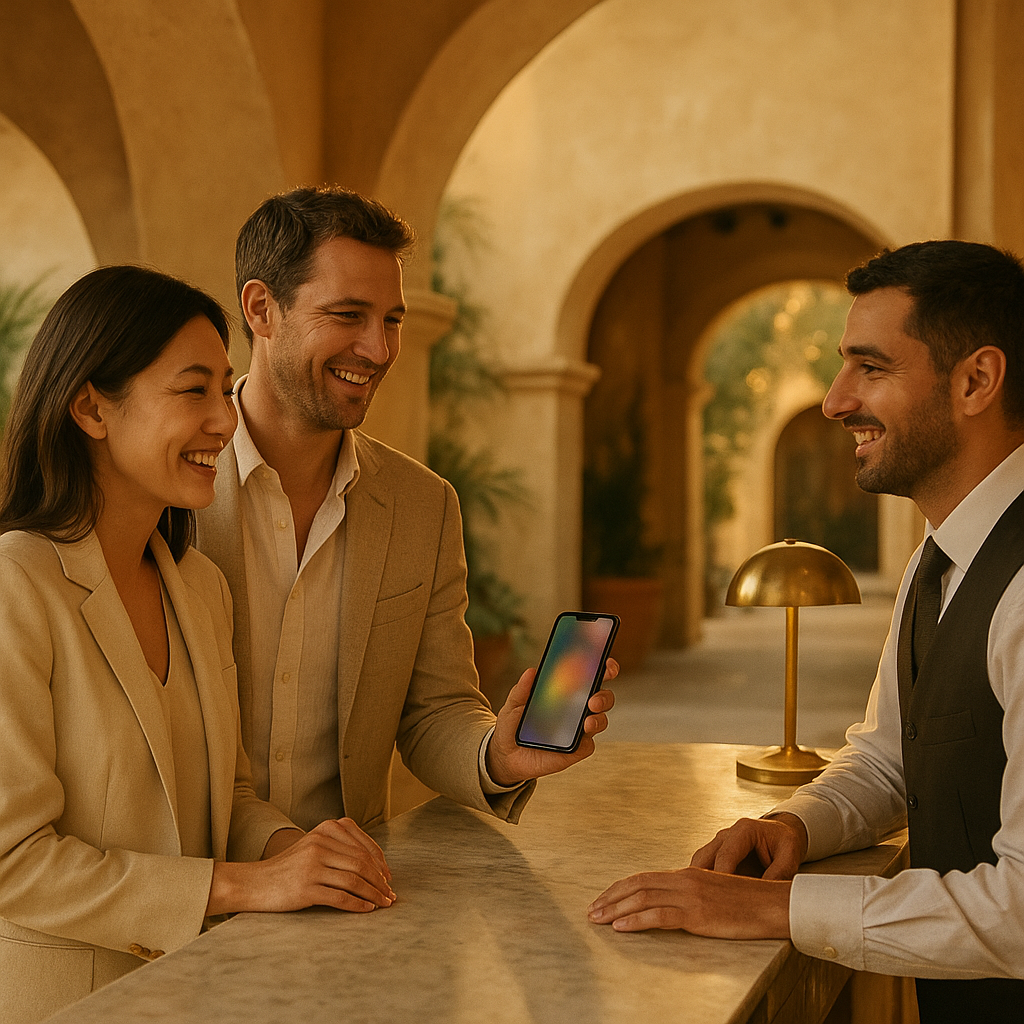International couple of mixed origin smiling at warm receptionist in sunlit Mediterranean hotel lobby