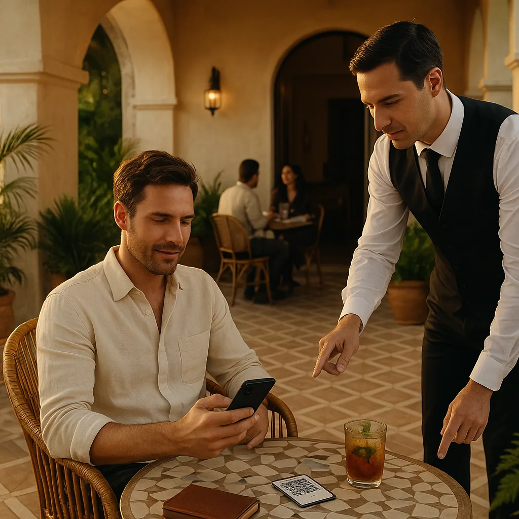 Hotel guest on Mediterranean terrace scanning a small QR card with phone at golden hour