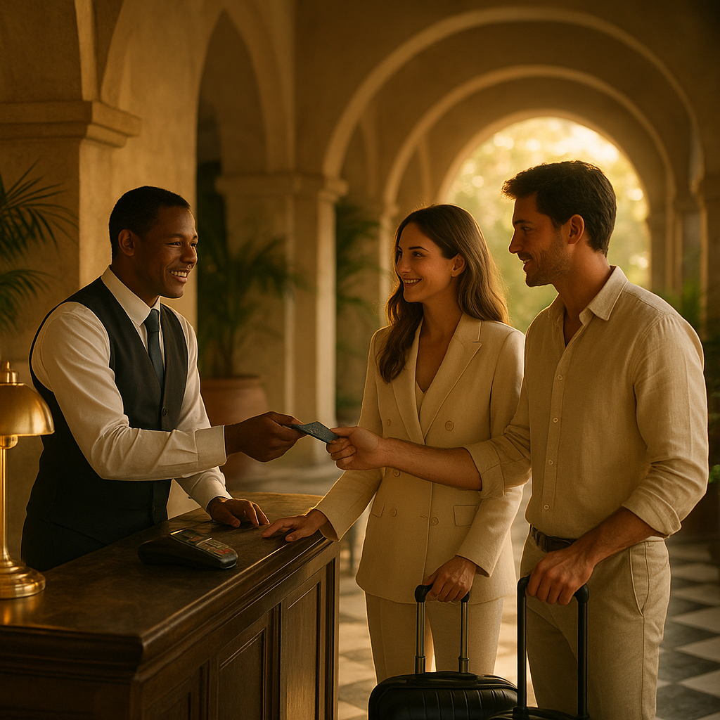 Relieved couple completing a fast boutique hotel check-in with luggage at marble reception desk