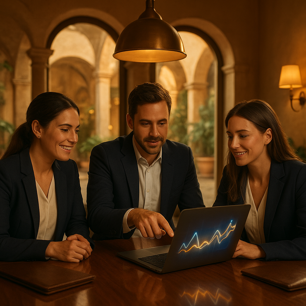 Hotel revenue management team reviewing performance charts on screen in stylish glass-walled office