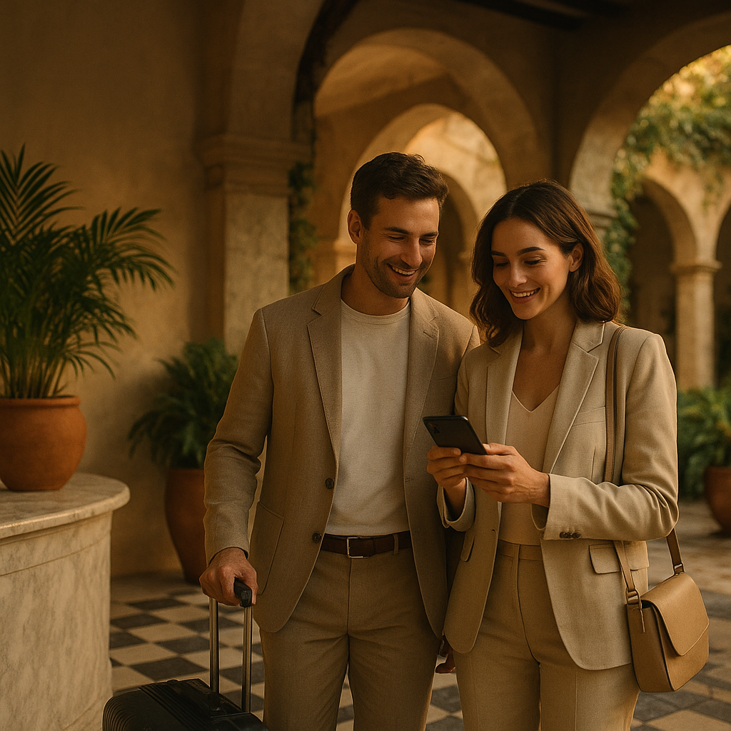Couple checking into boutique Mediterranean hotel via phone, walking past unstaffed reception desk