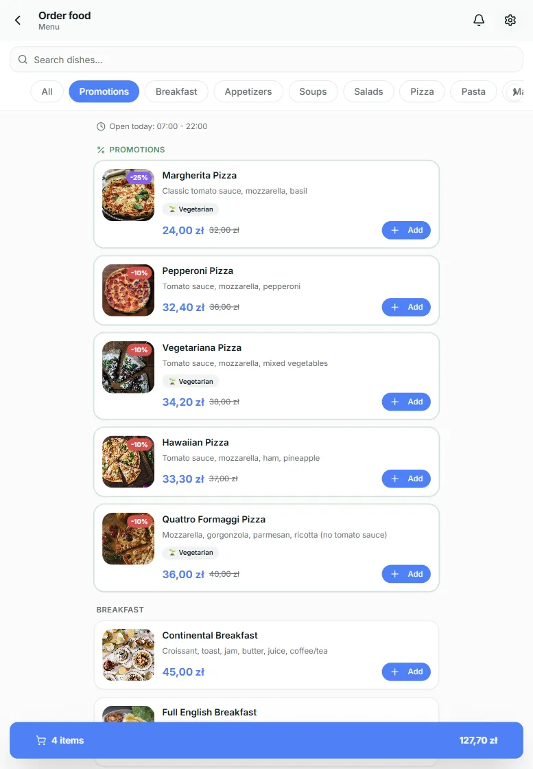 Guest mobile ordering interface showing digital room service