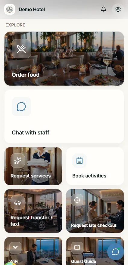 Mobilny portal gościa Guestivo z usługami hotelowymi i zamówieniami